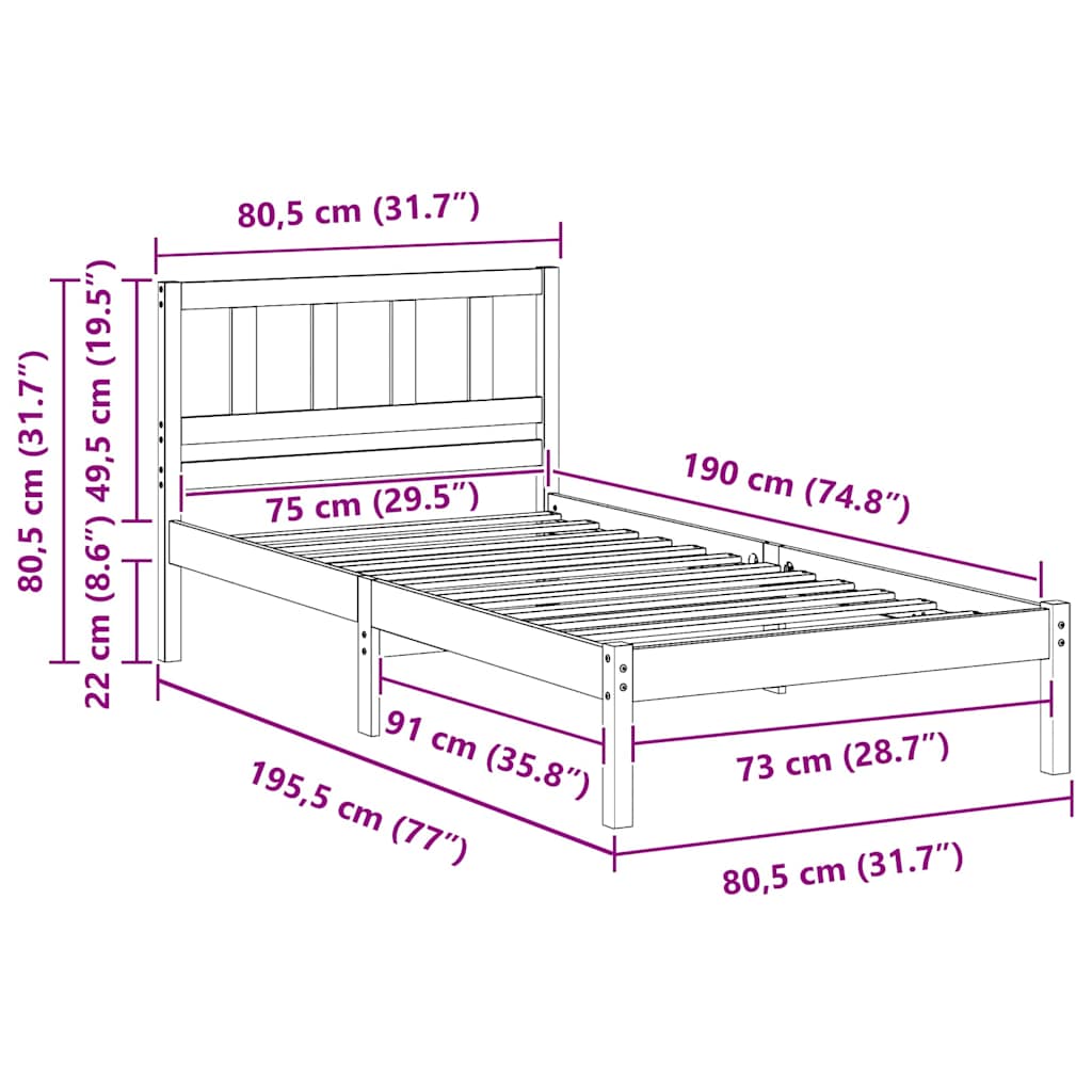 Σκελετός Κρεβατιού Λευκό 75 x 190 cm Στερεά ξυλεία πεύκου