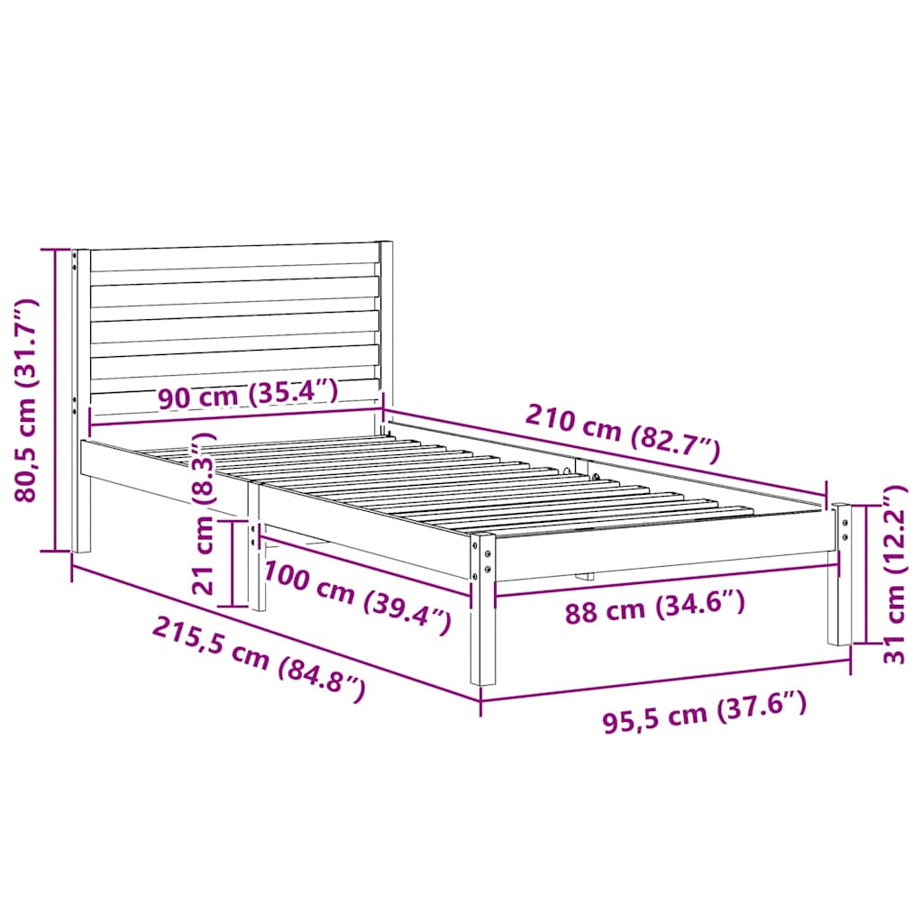 Σκελετός Κρεβατιού Κερωτό καφέ 90 x 210 cm Στερεά ξυλεία πεύκου