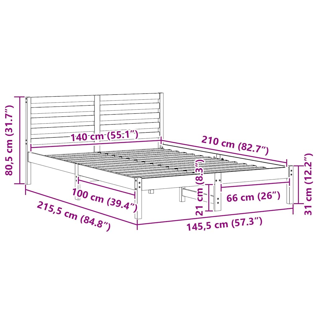 Σκελετός Κρεβατιού Λευκό 140 x 210 cm Στερεά ξυλεία πεύκου
