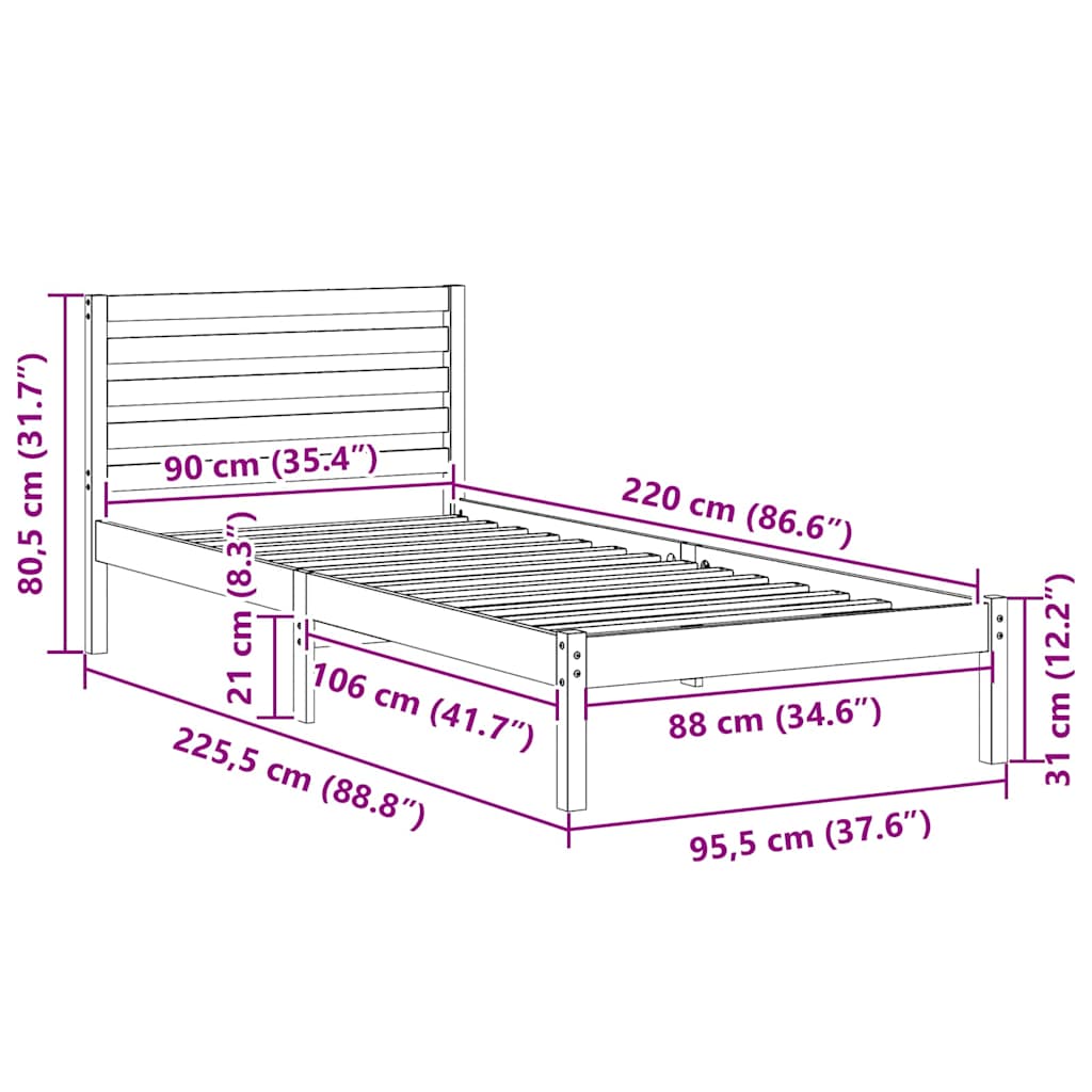 Σκελετός Κρεβατιού Καφέ 90 x 220 cm Στερεά ξυλεία πεύκου