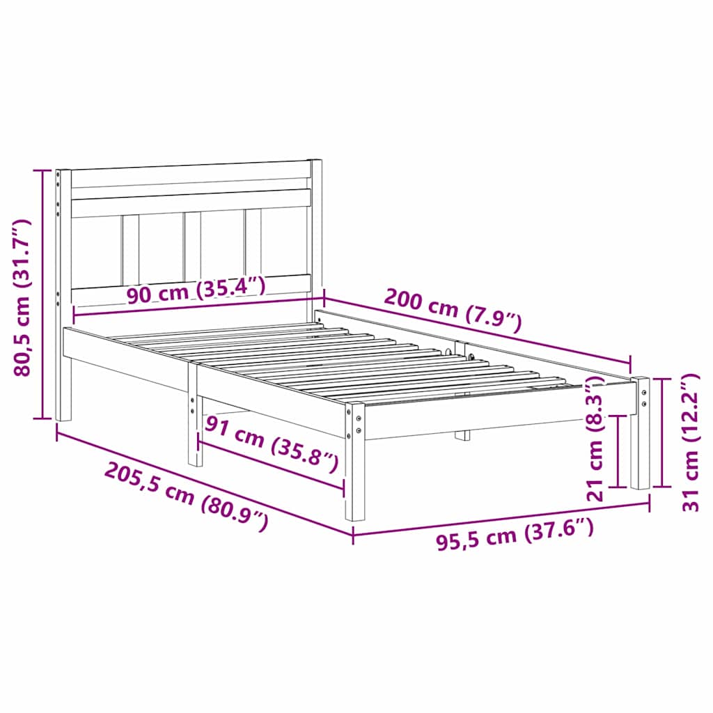 Σκελετός Κρεβατιού Καφέ 90 x 200 cm Στερεά ξυλεία πεύκου