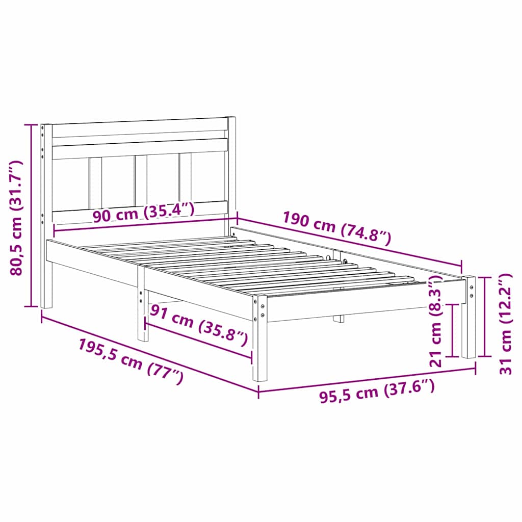 Σκελετός Κρεβατιού Λευκό 90 x 190 cm Στερεά ξυλεία πεύκου