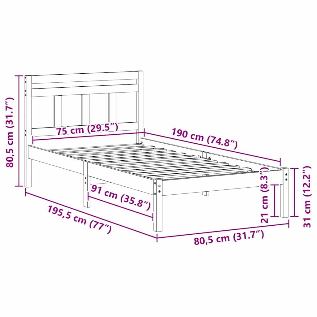 Σκελετός Κρεβατιού Καφέ 75 x 190 cm Στερεά ξυλεία πεύκου