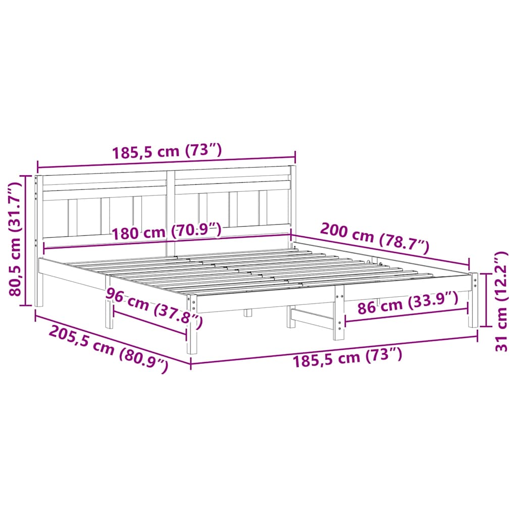 Σκελετός Κρεβατιού με κεφαλάρι Λευκό Μασίφ ξύλο πεύκου