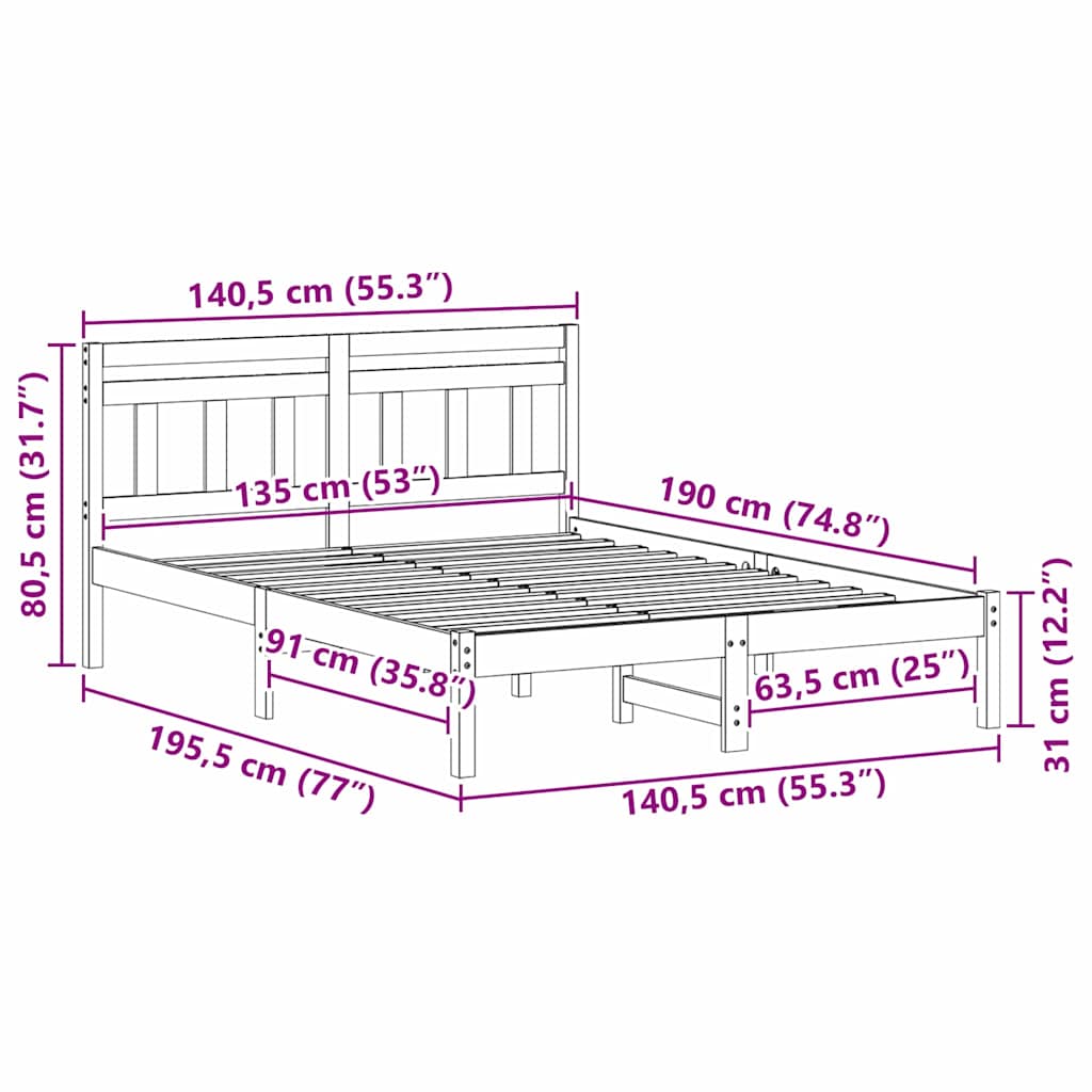 Σκελετός Κρεβατιού Λευκό 135 x 190 cm Στερεά ξυλεία πεύκου