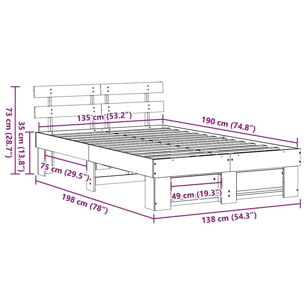 Σκελετός Κρεβατιού Λευκό 135 x 190 cm Στερεά ξυλεία πεύκου