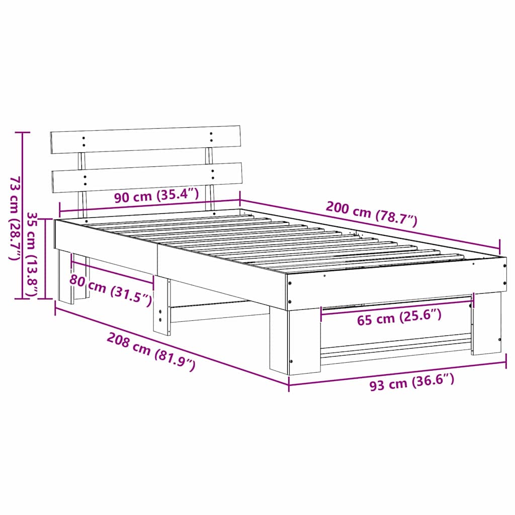Σκελετός Κρεβατιού Λευκό 90 x 200 cm Στερεά ξυλεία πεύκου