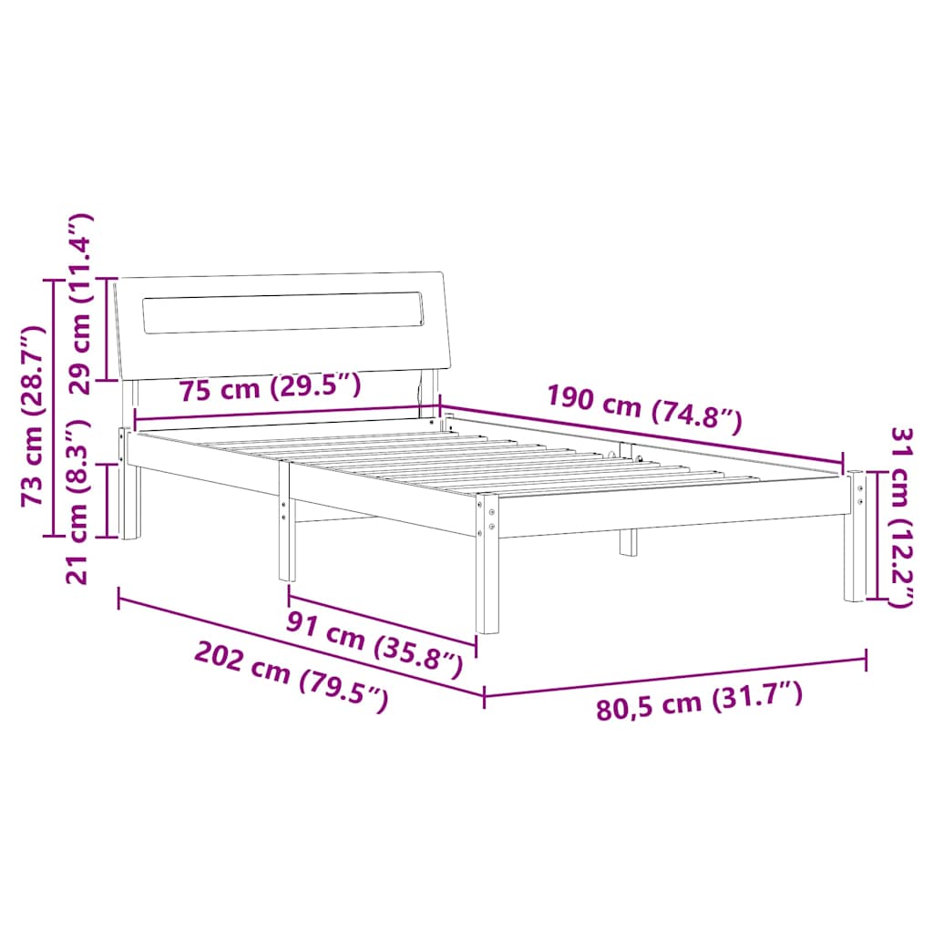 Σκελετός Κρεβατιού Κερωτό καφέ 75 x 190 cm Στερεά ξυλεία πεύκου