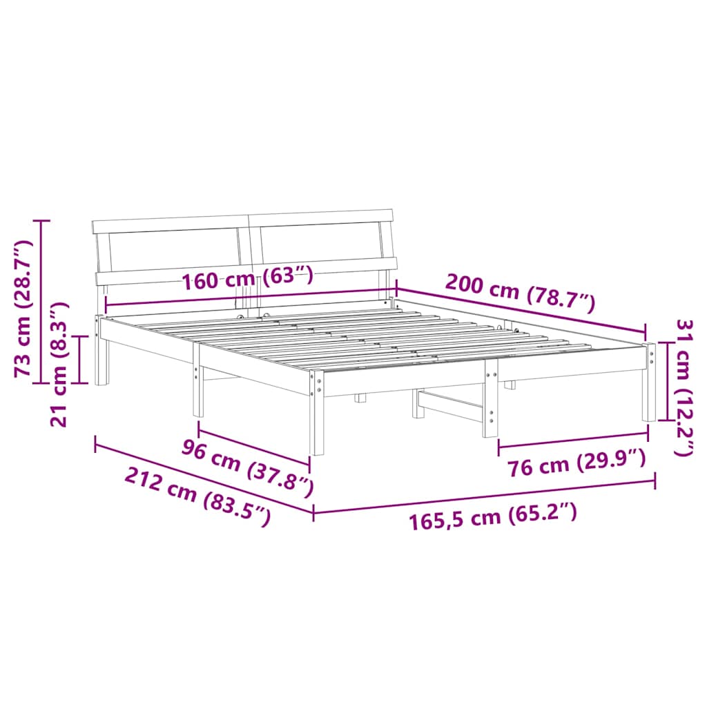 Σκελετός Κρεβατιού Λευκό 160 x 200 cm Στερεά ξυλεία πεύκου