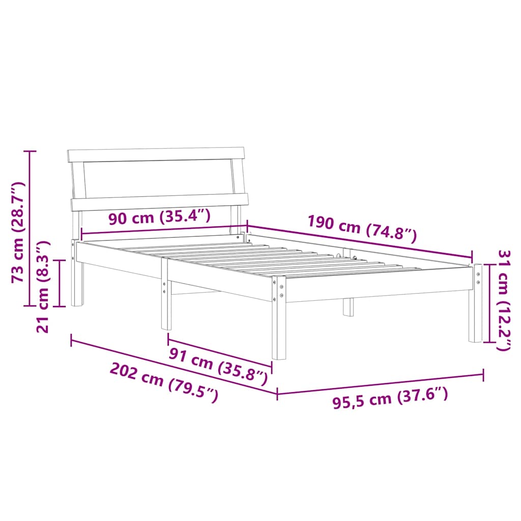 Σκελετός Κρεβατιού Κερωτό καφέ 90 x 190 cm Στερεά ξυλεία πεύκου