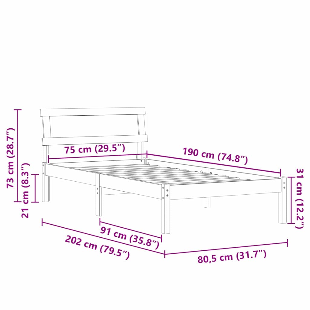 Σκελετός Κρεβατιού Κερωτό καφέ 75 x 190 cm Στερεά ξυλεία πεύκου