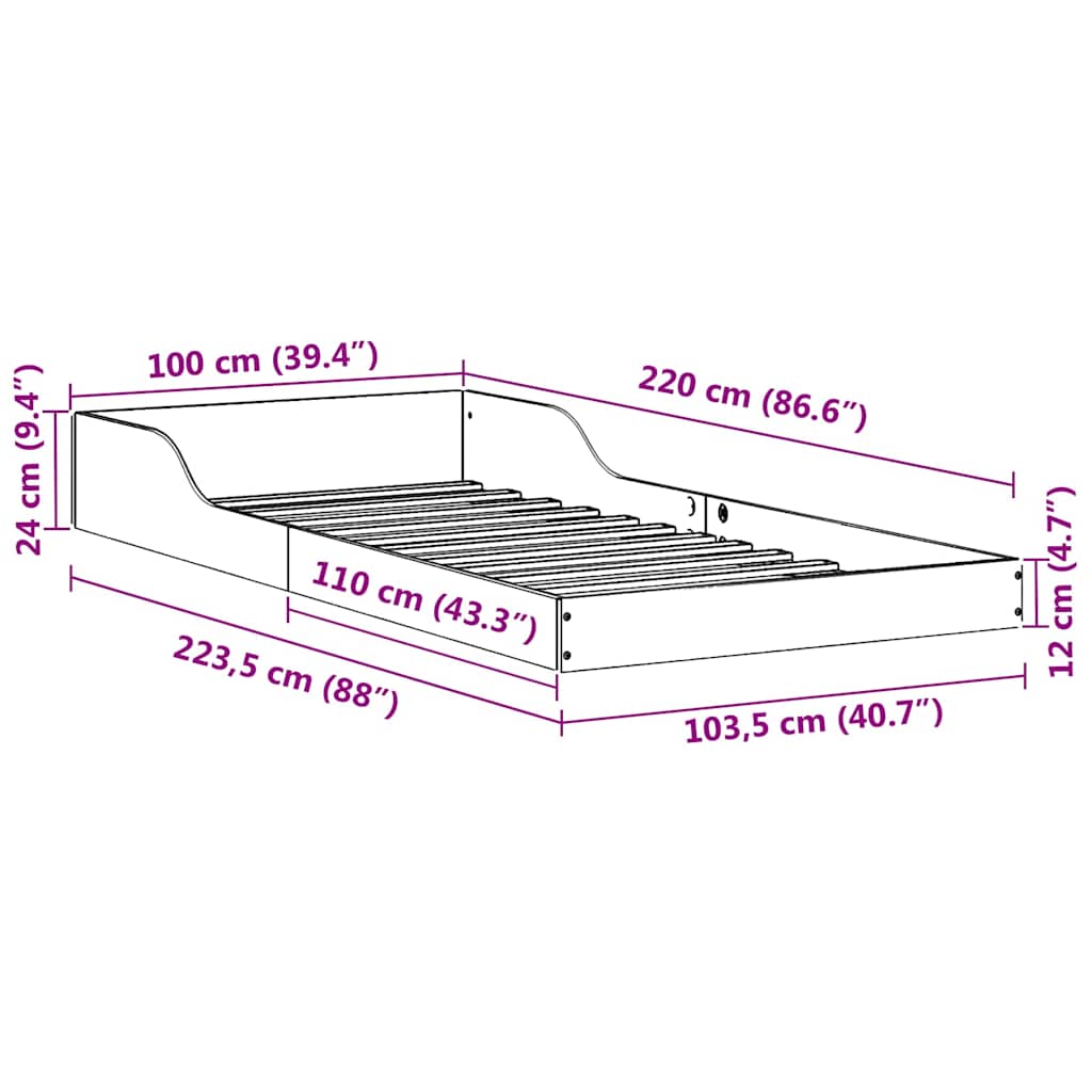 Σκελετός Κρεβατιού Λευκό 100 x 220 cm Στερεά ξυλεία πεύκου
