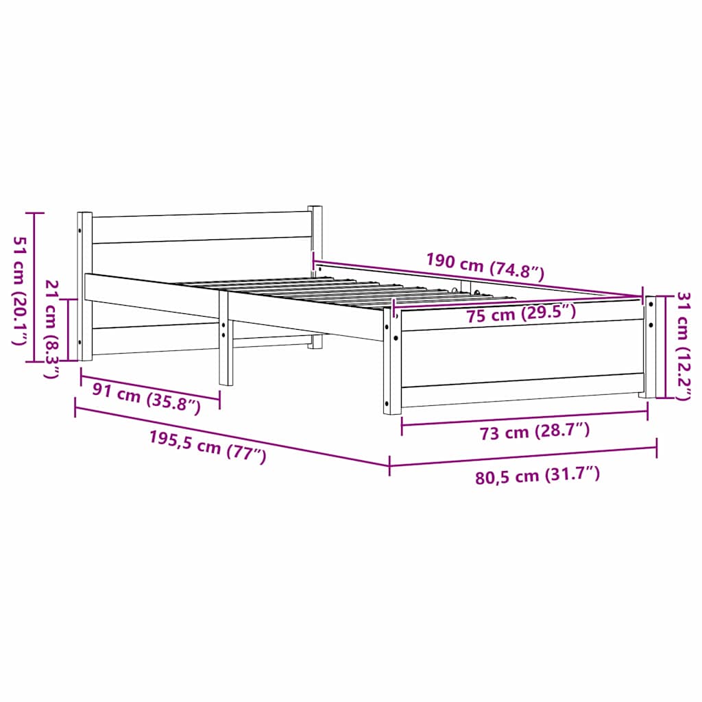 Σκελετός Κρεβατιού Κερωτό καφέ 195,5 x 80,5 x 51 εκ.