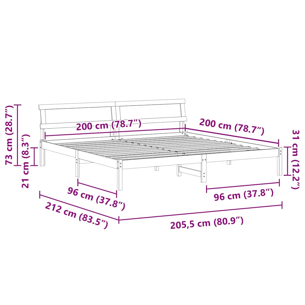 Σκελετός Κρεβατιού Καφέ 200 x 200 cm Μασίφ ξύλο πεύκου