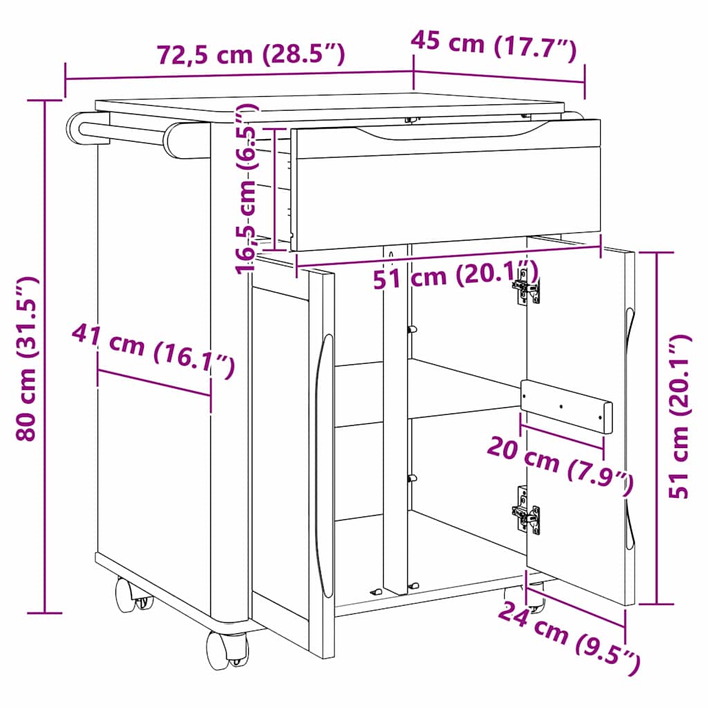 Καρότσι Κουζίνας FLORO Κερωτό καφέ 72,5 x 45 x 80 εκ - Pakobazaar