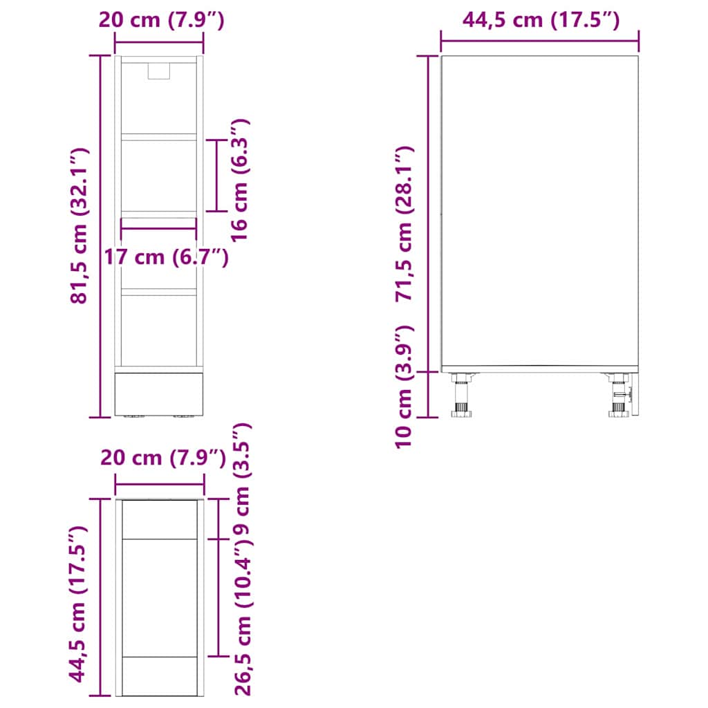 Βάση Ντουλάπας Κουζίνας με ράφι Μαύρη δρυς 20 x 44,5 x 81,5 εκ. - Pakobazaar