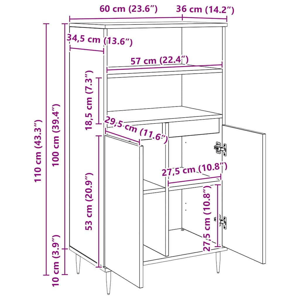 Highboard Μαύρο 60 x 36 x 110 εκ. Επεξεργασμένο ξύλο - Pakobazaar