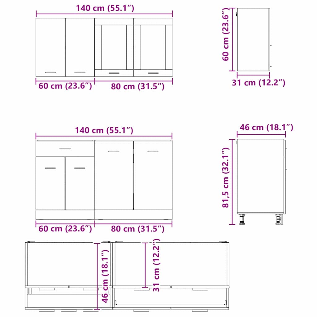 Σετ ντουλαπιών κουζίνας με συρτάρι Lyon 4 pcs Καπνιστό Δρύς - Pakobazaar
