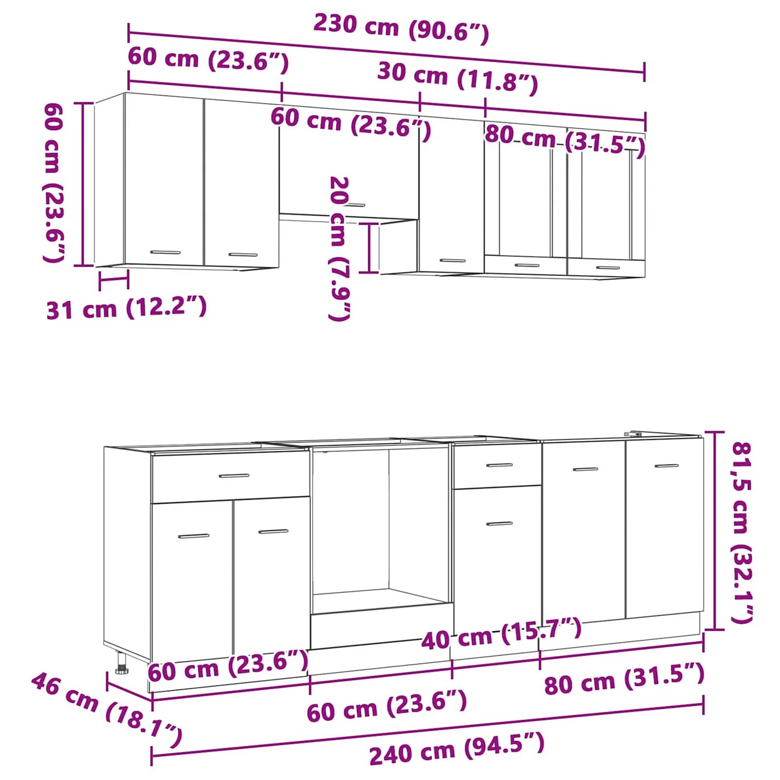 Σετ Ντουλάπια Κουζίνας με συρτάρι Lyon 8 pcs Καπνιστή δρυς