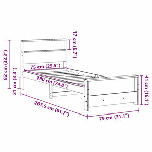 Σκελετός Κρεβατιού με ράφι Καφέ 75 x 190 cm Στερεό πεύκο