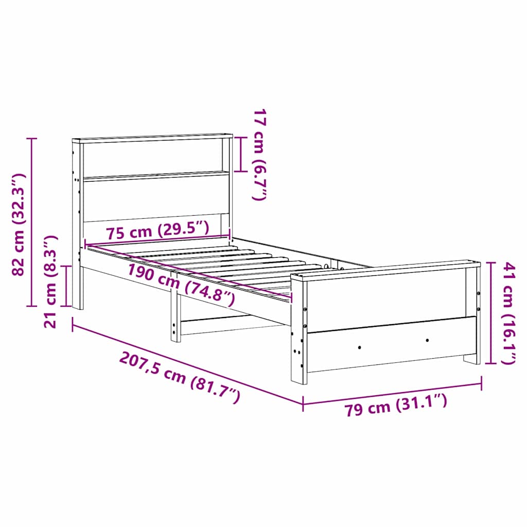 Σκελετός Κρεβατιού Κερωτό καφέ 75 x 190 cm Επεξεργασμένο ξύλο