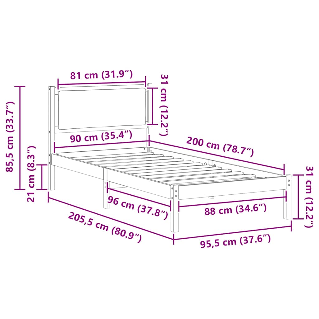 Σκελετός Κρεβατιού Σκούρο Γκρι 90 x 200 cm Στερεά ξυλεία πεύκου