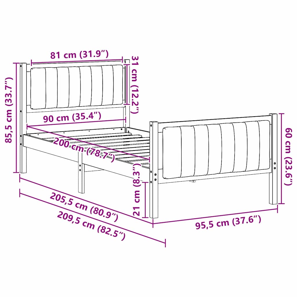 Σκελετός Κρεβατιού Καφέ και μαύρο 90 x 200 cm Μασίφ ξύλο πεύκου