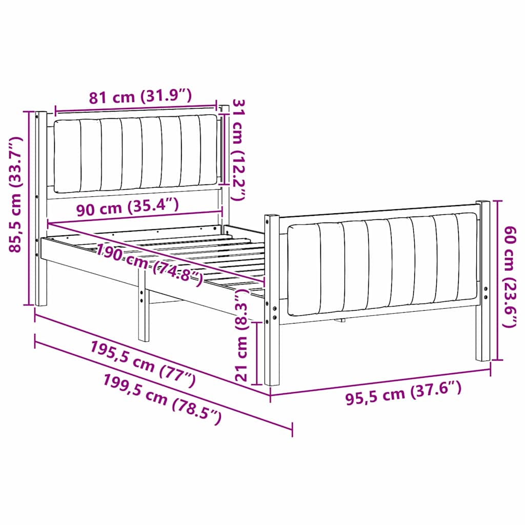 Σκελετός Κρεβατιού Καφέ και ταμπά 90 x 190 cm Μασίφ ξύλο πεύκου