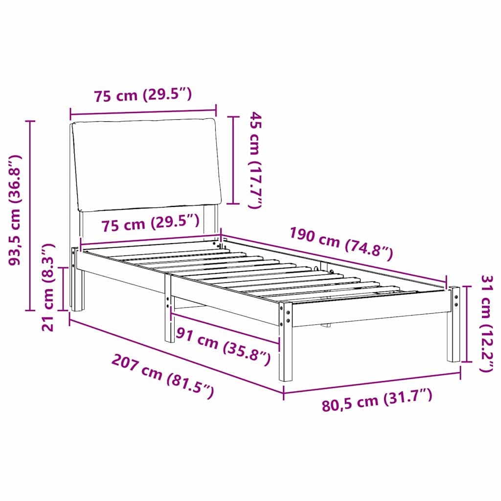 Σκελετός Κρεβατιού Καφέ και μαύρο 75 x 190 cm Μασίφ ξύλο πεύκου