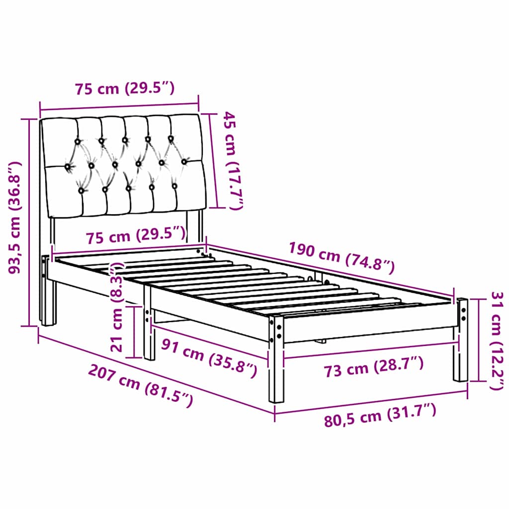 Σκελετός Κρεβατιού με Επενδεδυμένο Κεφαλάρι Λευκό 75 x 190 cm