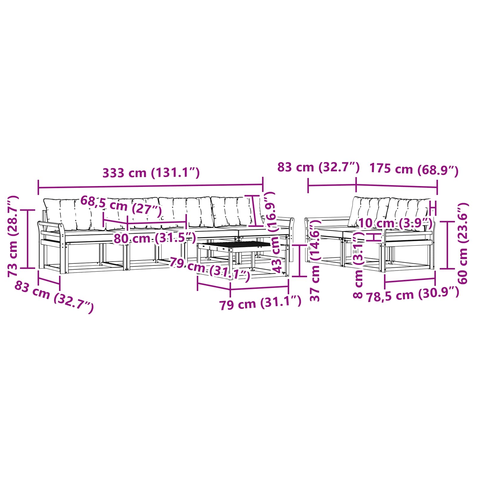 Σειρά Καναπέ Εξωτερικού 7 pcs Λευκό και Μαύρο 79 x 79 x 37 εκ - Pakobazaar