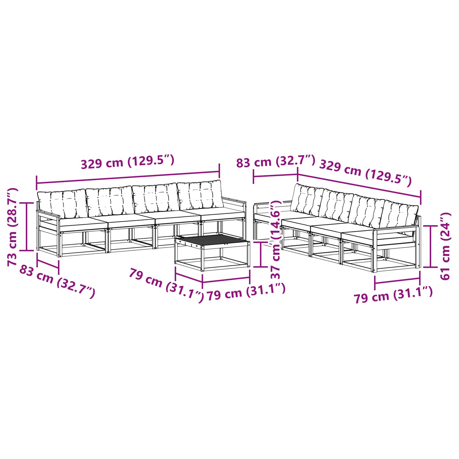 Σειρά Καναπέ Εξωτερικού 9 pcs Λευκό και Μαύρο 79 x 79 x 37 εκ - Pakobazaar
