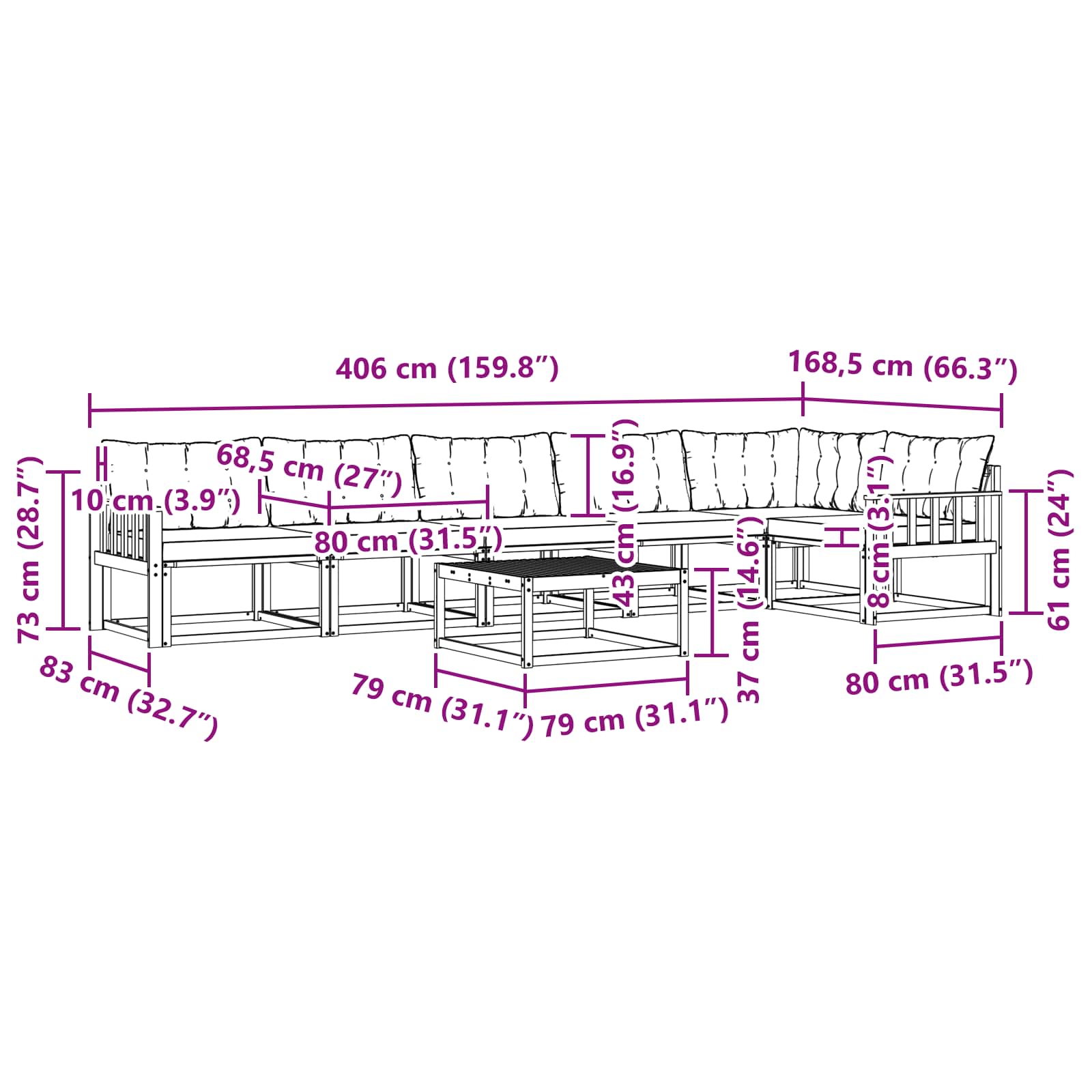 Σειρά Καναπέ Εξωτερικού 7 pcs Λευκό και Μαύρο 79 x 79 x 37 εκ - Pakobazaar