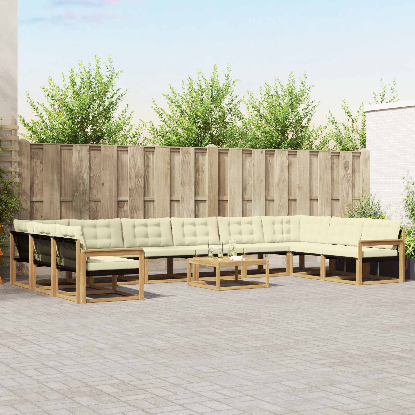 Σειρά Καναπέ Εξωτερικού με μαξιλάρι 11 pcs Λευκό και Κρεμ - Pakobazaar