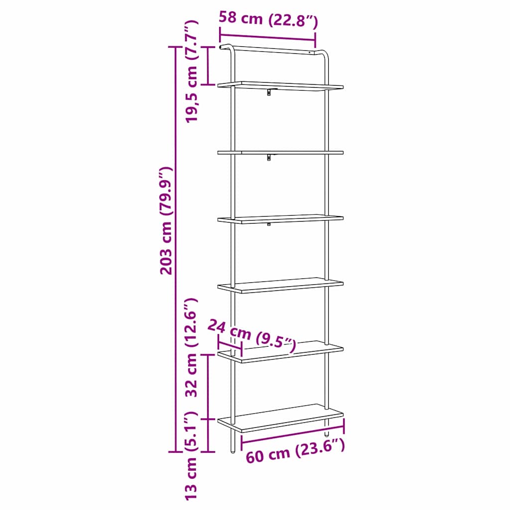 Ράφι Βιβλίων 6 επιπέδων 60 x 24 x 203 εκ Επεξεργασμένο ξύλο