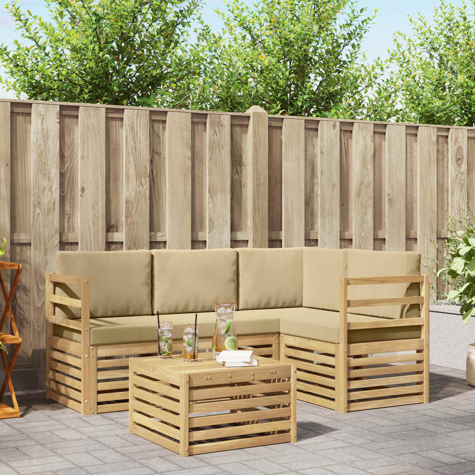 Σειρά Καναπέ Εξωτερικού 5 pcs Λευκό και Μπεζ 59 x 59 x 37 εκ - Pakobazaar