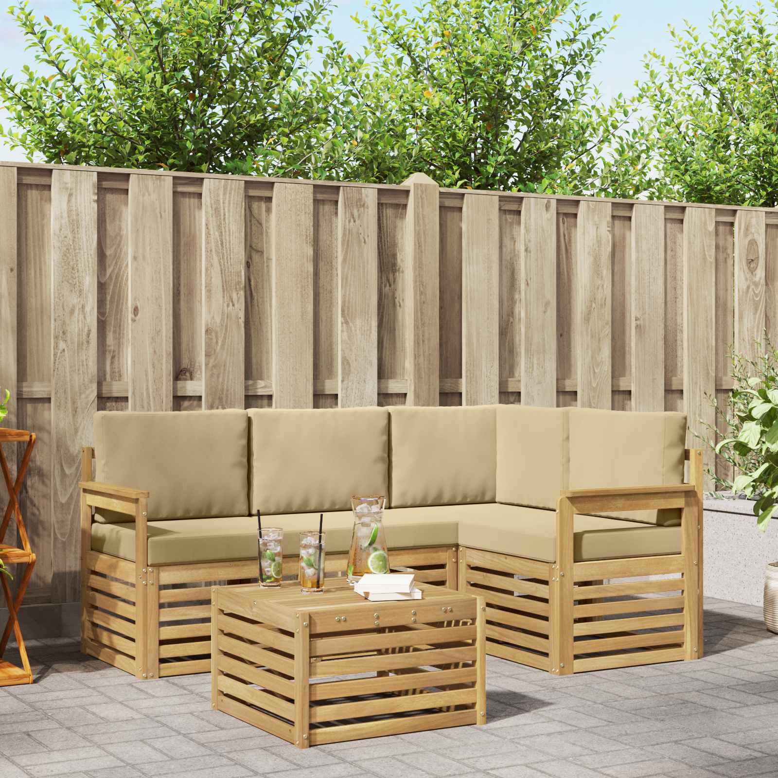 Σειρά Καναπέ Εξωτερικού 5 pcs Λευκό και Μπεζ 59 x 59 x 37 εκ - Pakobazaar