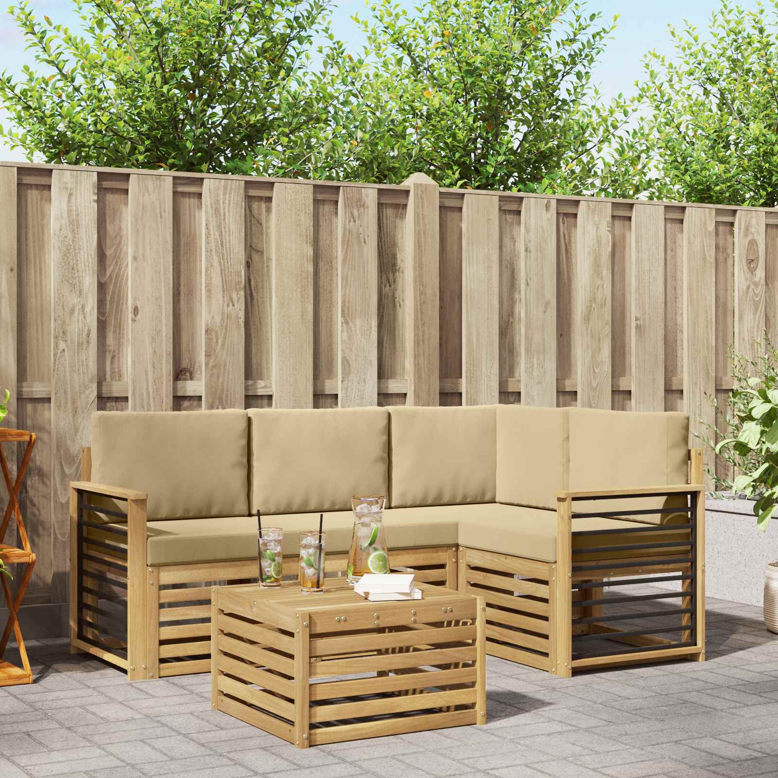 Σειρά Καναπέ Εξωτερικού 5 pcs Λευκό και Μπεζ 59 x 59 x 37 εκ - Pakobazaar