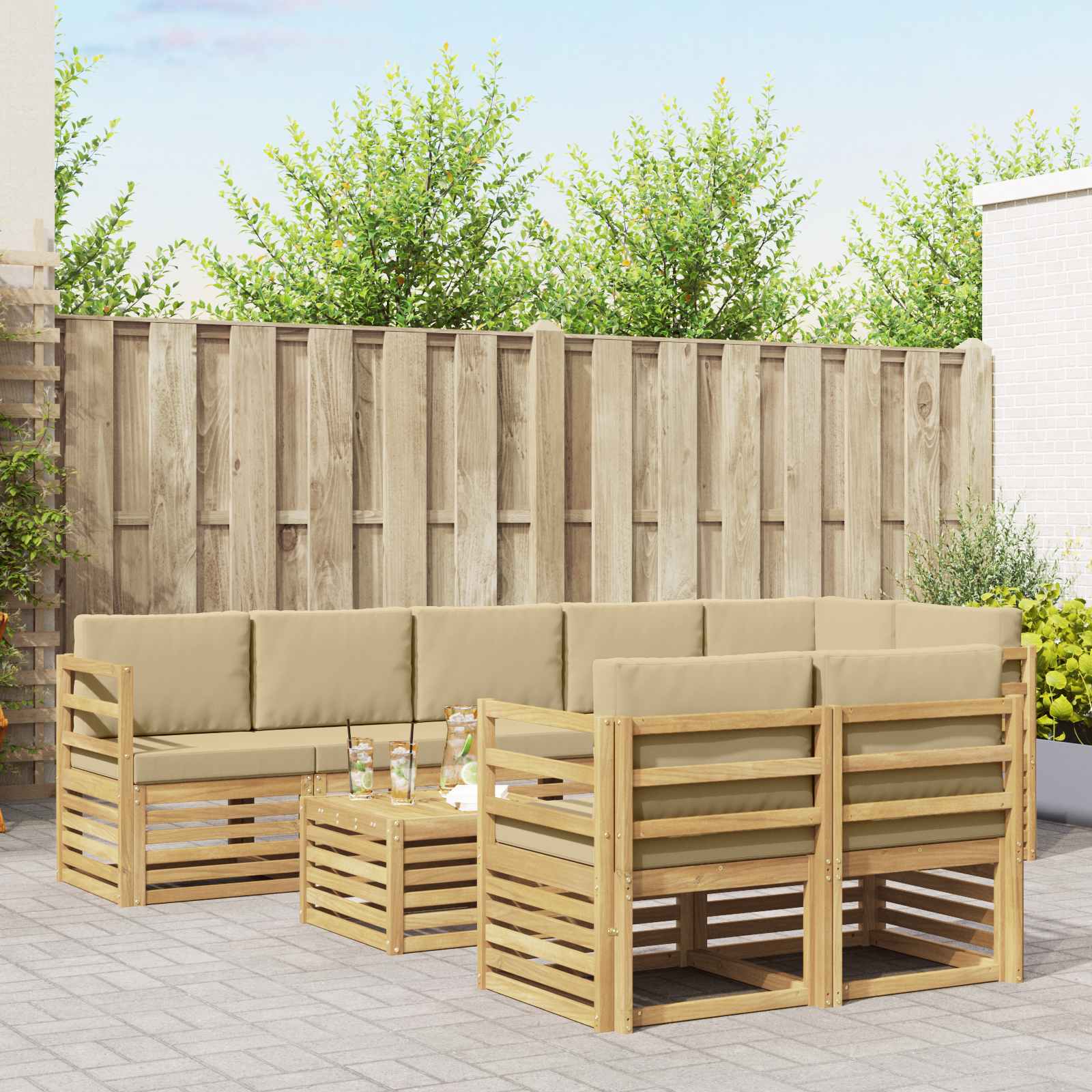 Σειρά Καναπέ Εξωτερικού 9 pcs Λευκό και Μπεζ 59 x 59 x 37 εκ - Pakobazaar