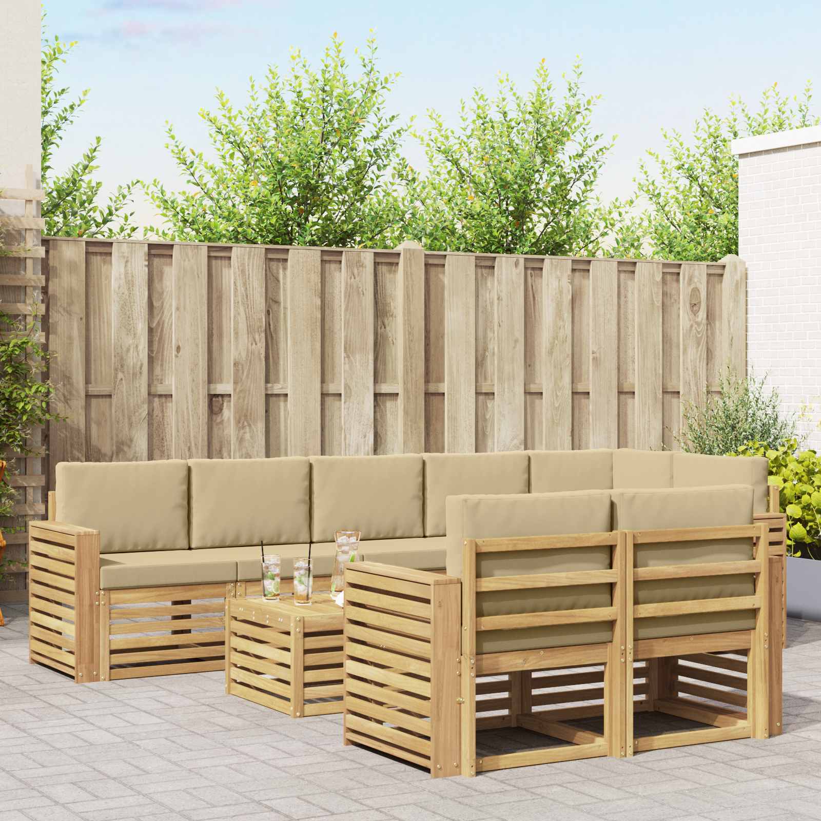 Σειρά Καναπέ Εξωτερικού 9 pcs Λευκό και Μπεζ 59 x 59 x 37 εκ - Pakobazaar