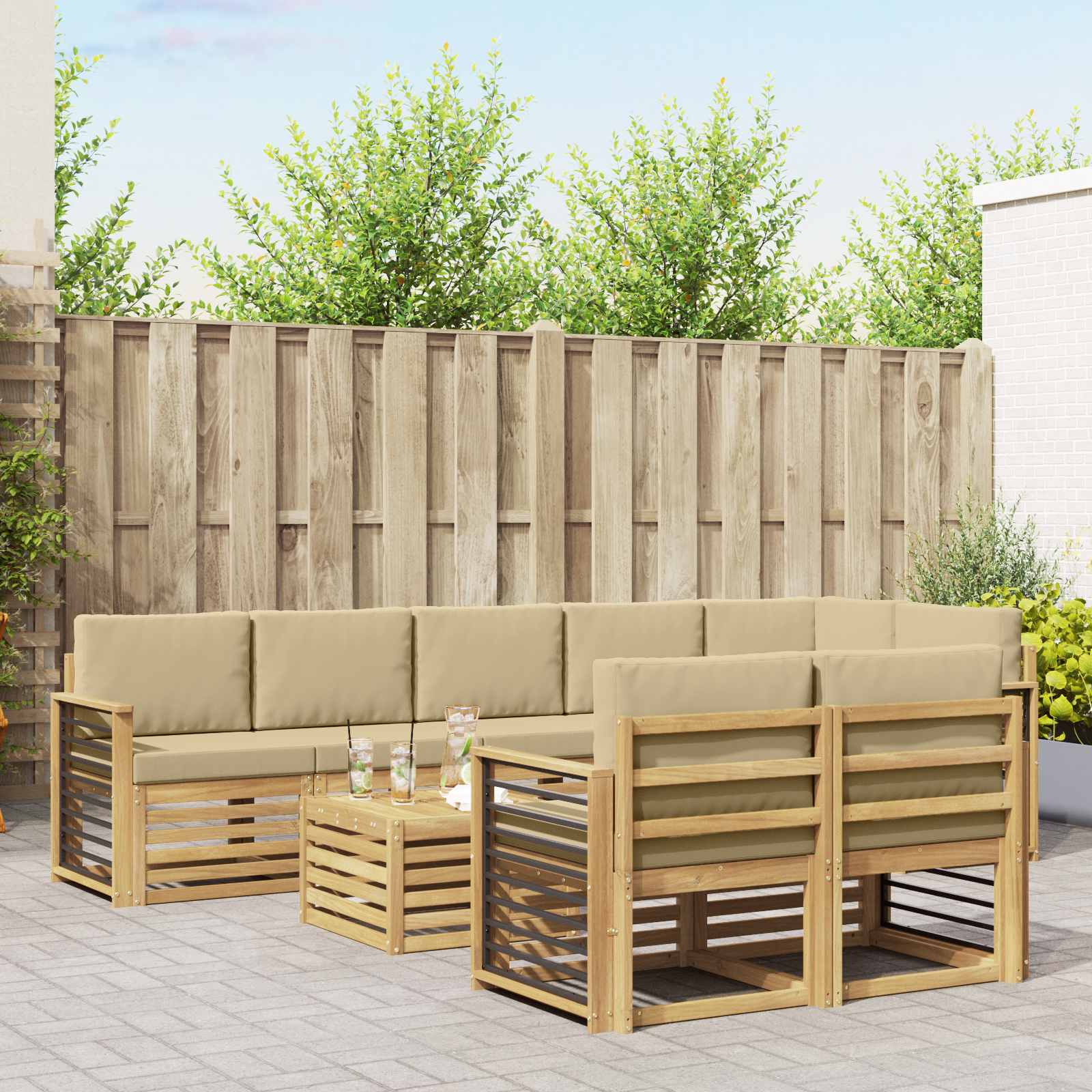 Σειρά Καναπέ Εξωτερικού 9 pcs Λευκό και Μπεζ 59 x 59 x 37 εκ - Pakobazaar