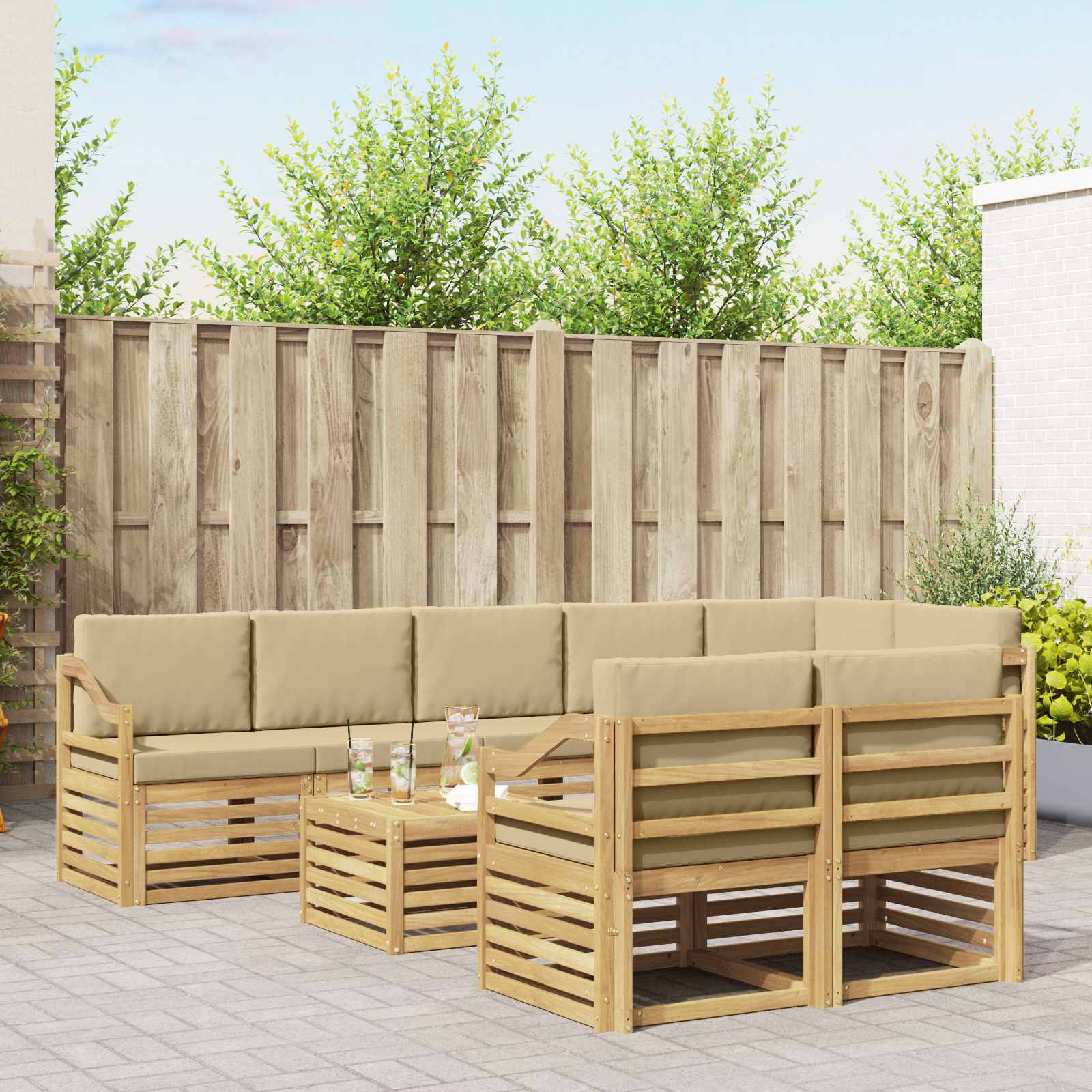 Σειρά Καναπέ Εξωτερικού 9 pcs Λευκό και Μπεζ 59 x 59 x 37 εκ - Pakobazaar