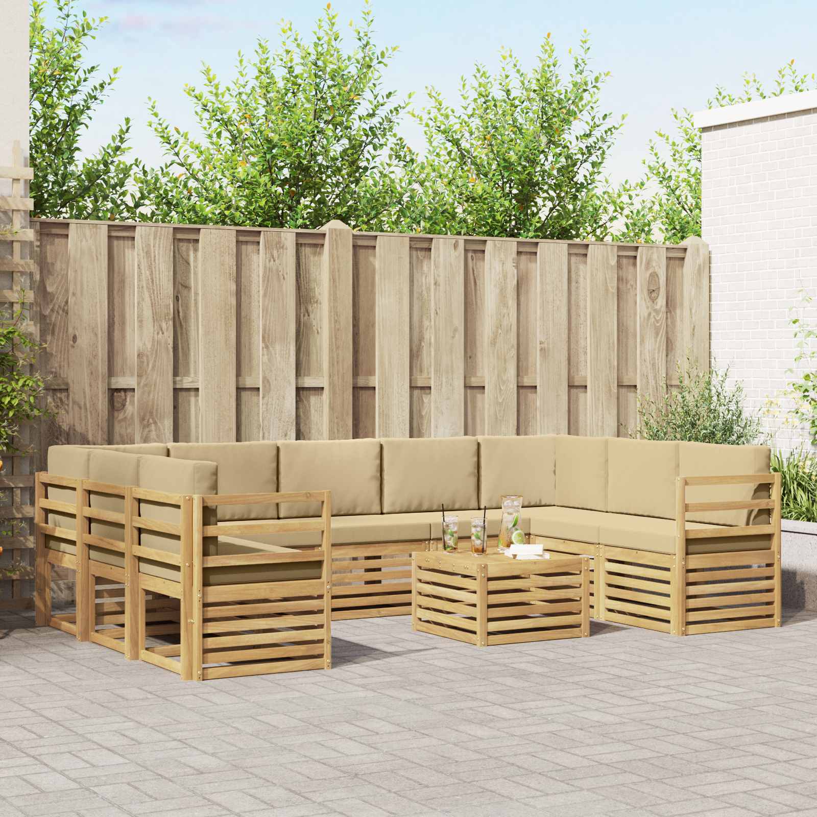 Σετ Καναπέ 10 pcs Λευκό και Μπεζ 59 x 59 x 37 εκ Πολυεστέρας - Pakobazaar