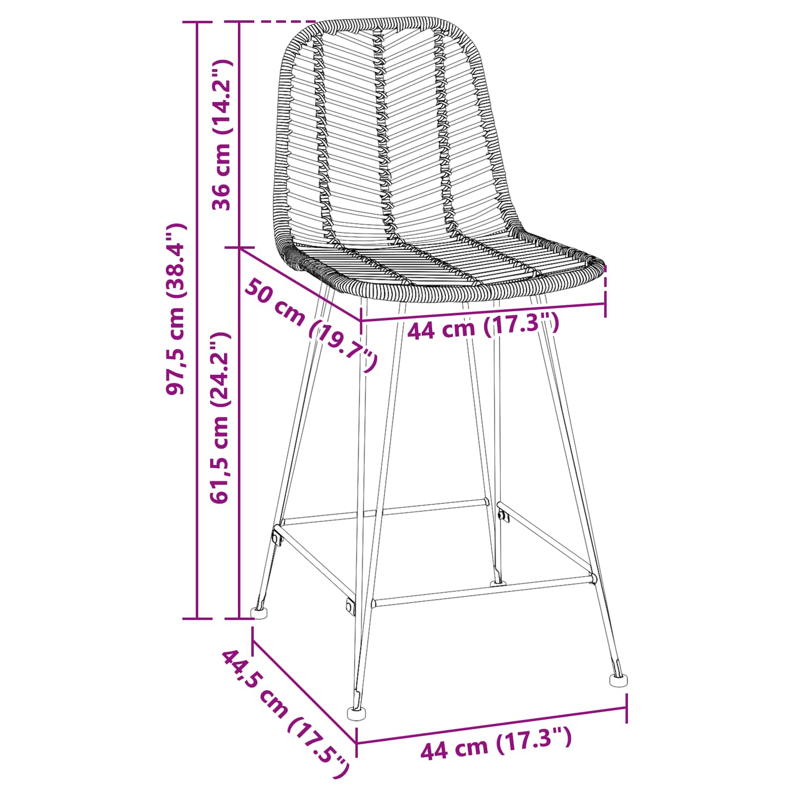Καρέκλα Μπαρ 2 pcs 44,5 x 54,5 x 97,5 εκ. Καλάμι και Σίδερο