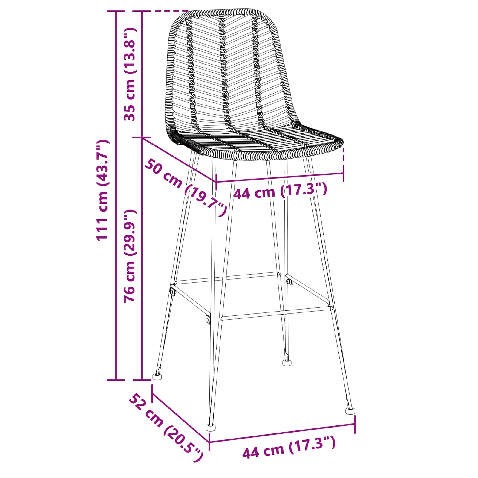 Καρέκλα Μπαρ 2 pcs 44 x 52 x 111 εκ Καλάμι και Σίδερο