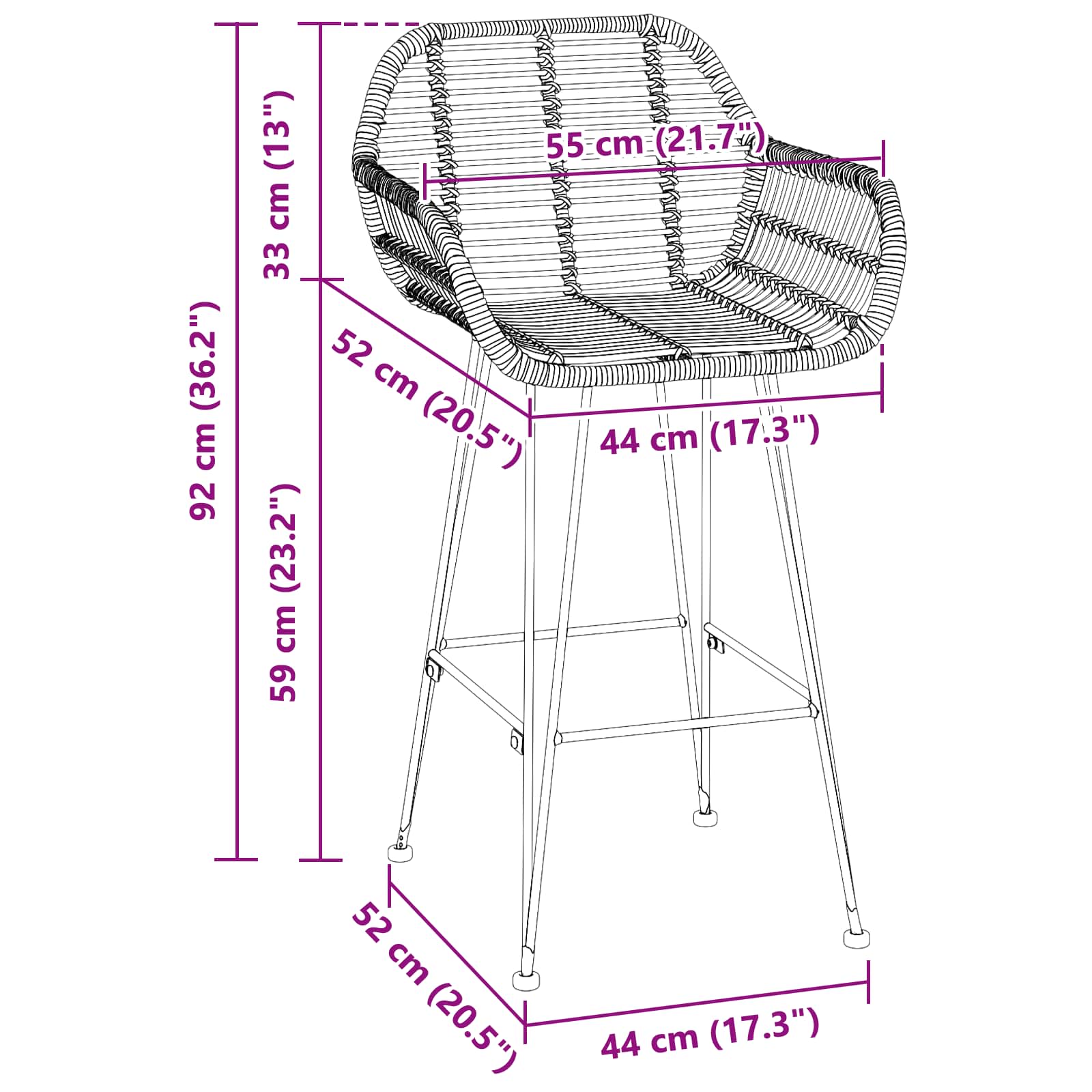 Καρέκλα Μπαρ 2 pcs 55 x 52 x 92 εκ Καλάμι και Σίδερο