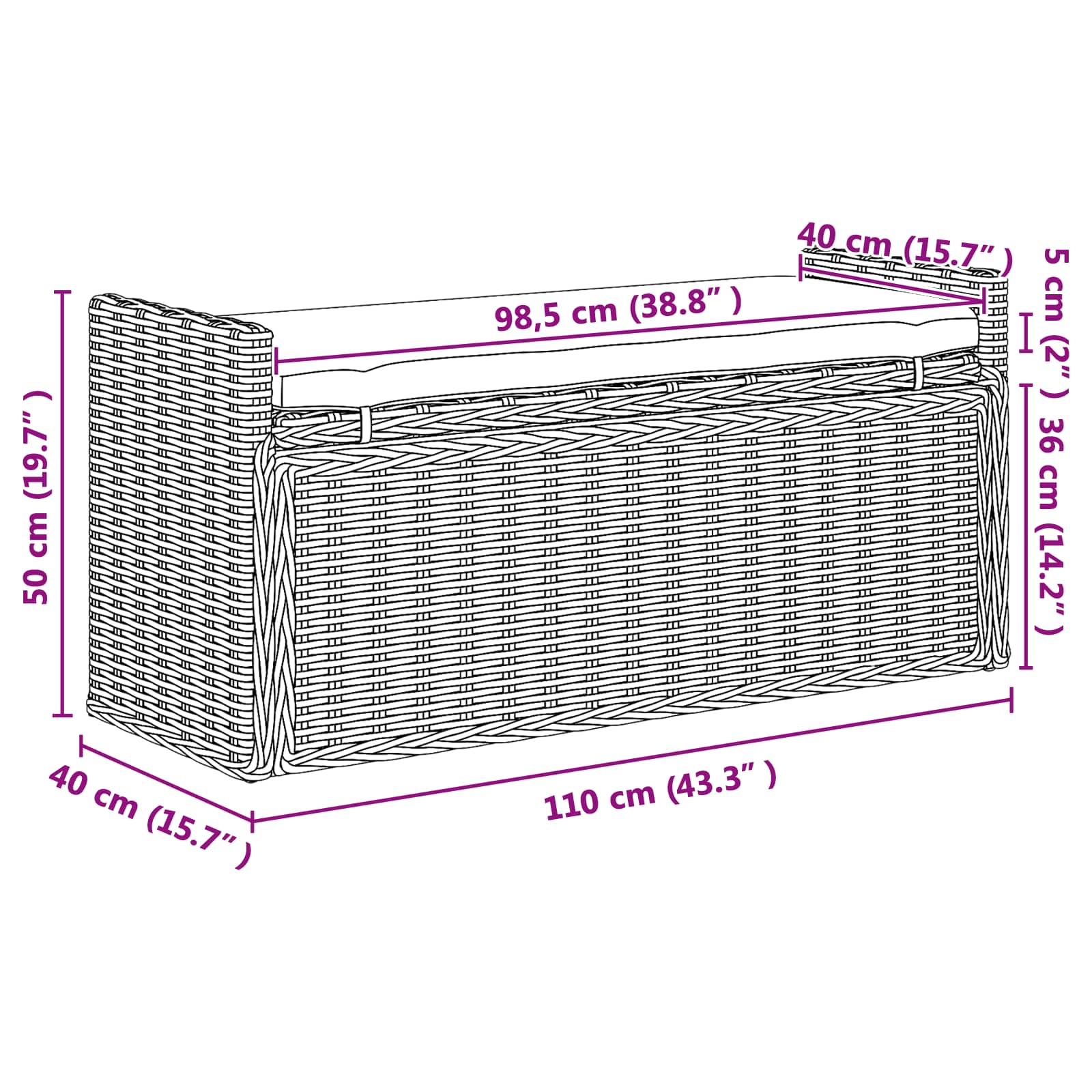 Παγκάκι με αποθήκευση με μαξιλάρι Γκρι 110 x 40 x 50 εκ Ρατάν - Pakobazaar