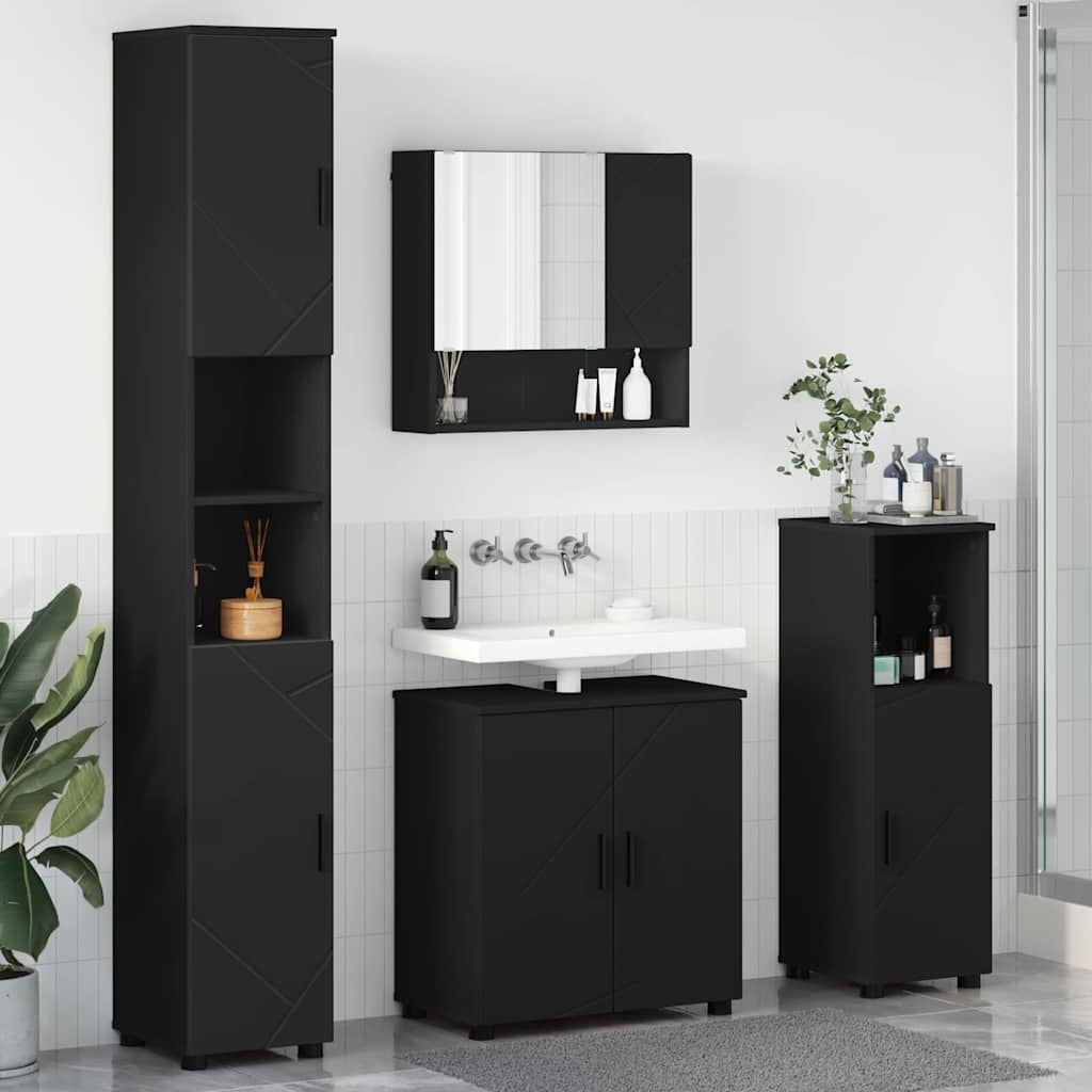 Σετ Επίπλων Μπάνιου 4 pcs Μαύρο Επεξεργασμένο ξύλο & Μέταλλο - Pakobazaar