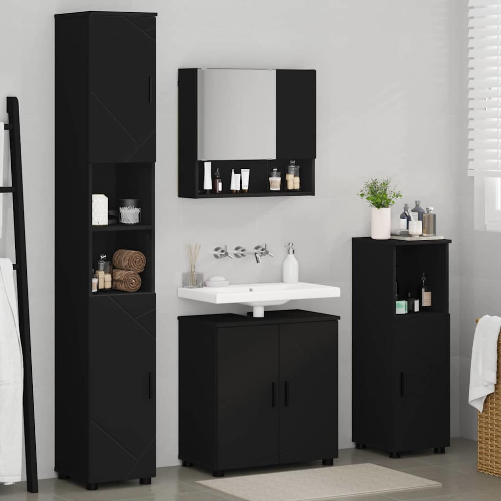 Σετ Επίπλων Μπάνιου 4 pcs Μαύρο Επεξεργασμένο ξύλο & Μέταλλο - Pakobazaar