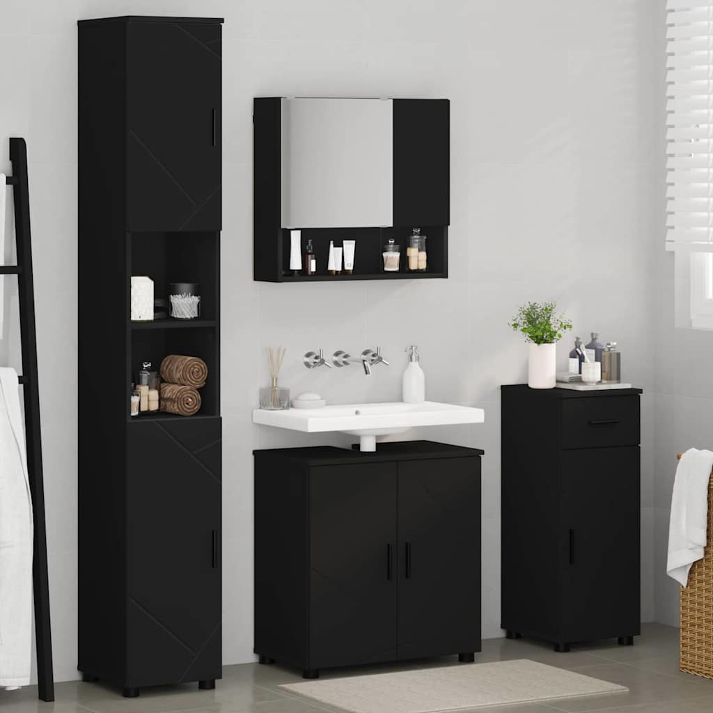 Σετ Επίπλων Μπάνιου 4 pcs Μαύρο Επεξεργασμένο ξύλο & Μέταλλο - Pakobazaar